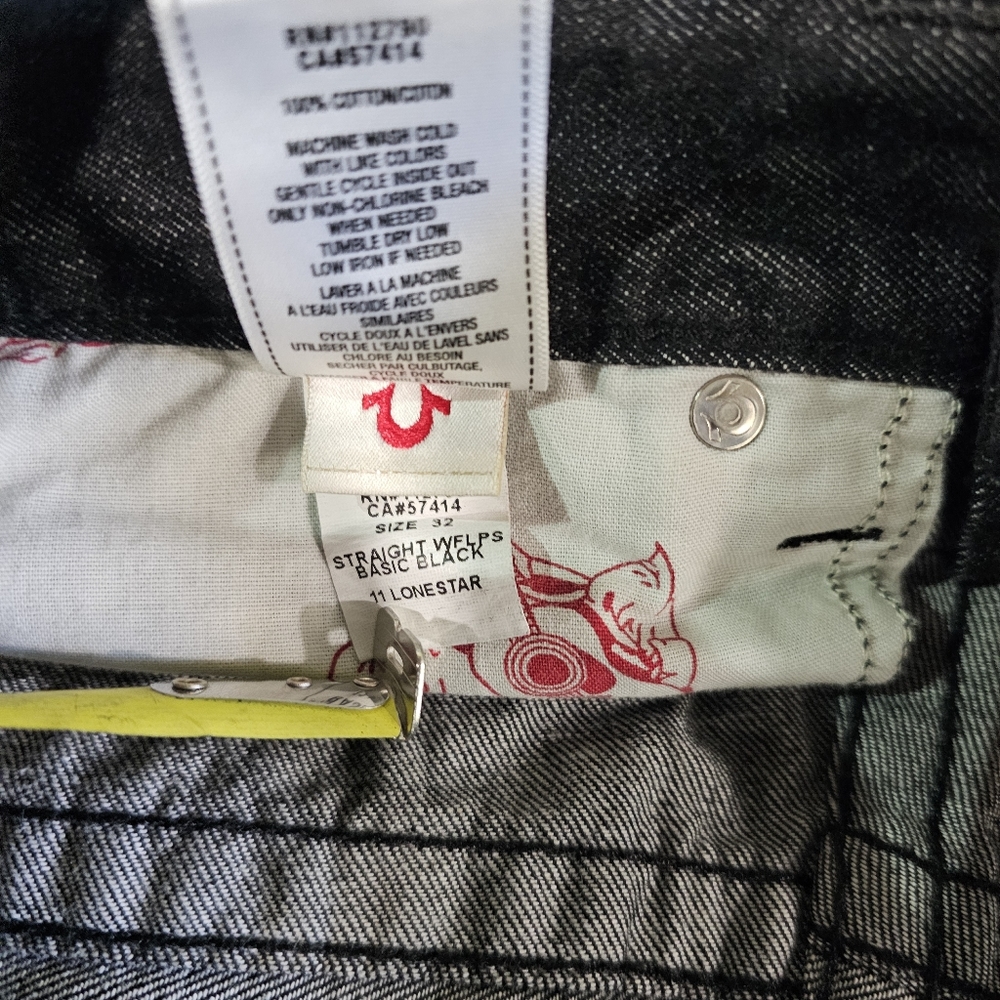True Religion Straight Leg Jeans Size 32" Inseam 32" Black w/Black Stitch - Picture 3 of 16